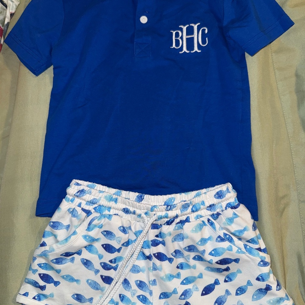 Blue embroidered Polo Shirt and Fish Print Shorts Set